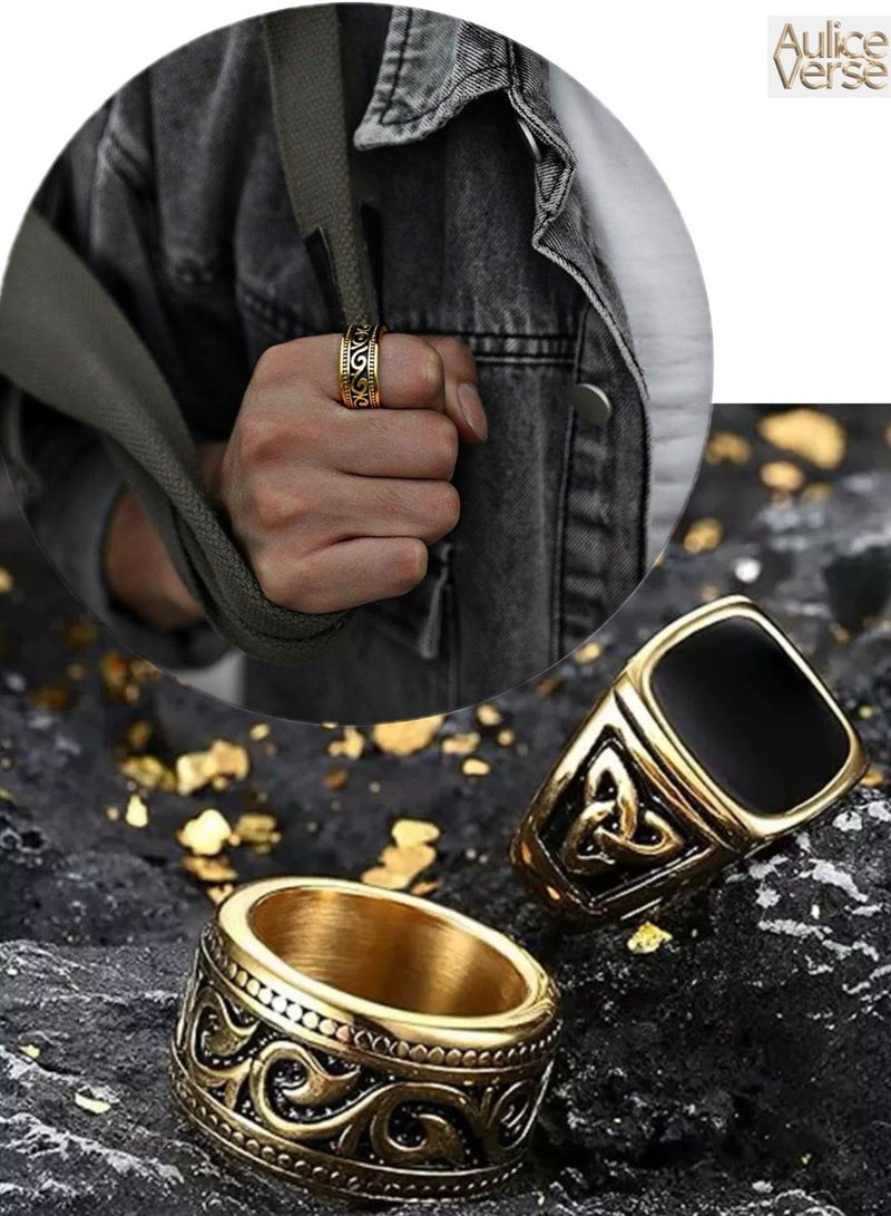 AuliceVerse 2Pcs Stainless Steel Signet Biker Rings Set Retro Vintage Wide Celtic Knot Band Rings for Men - Image 1